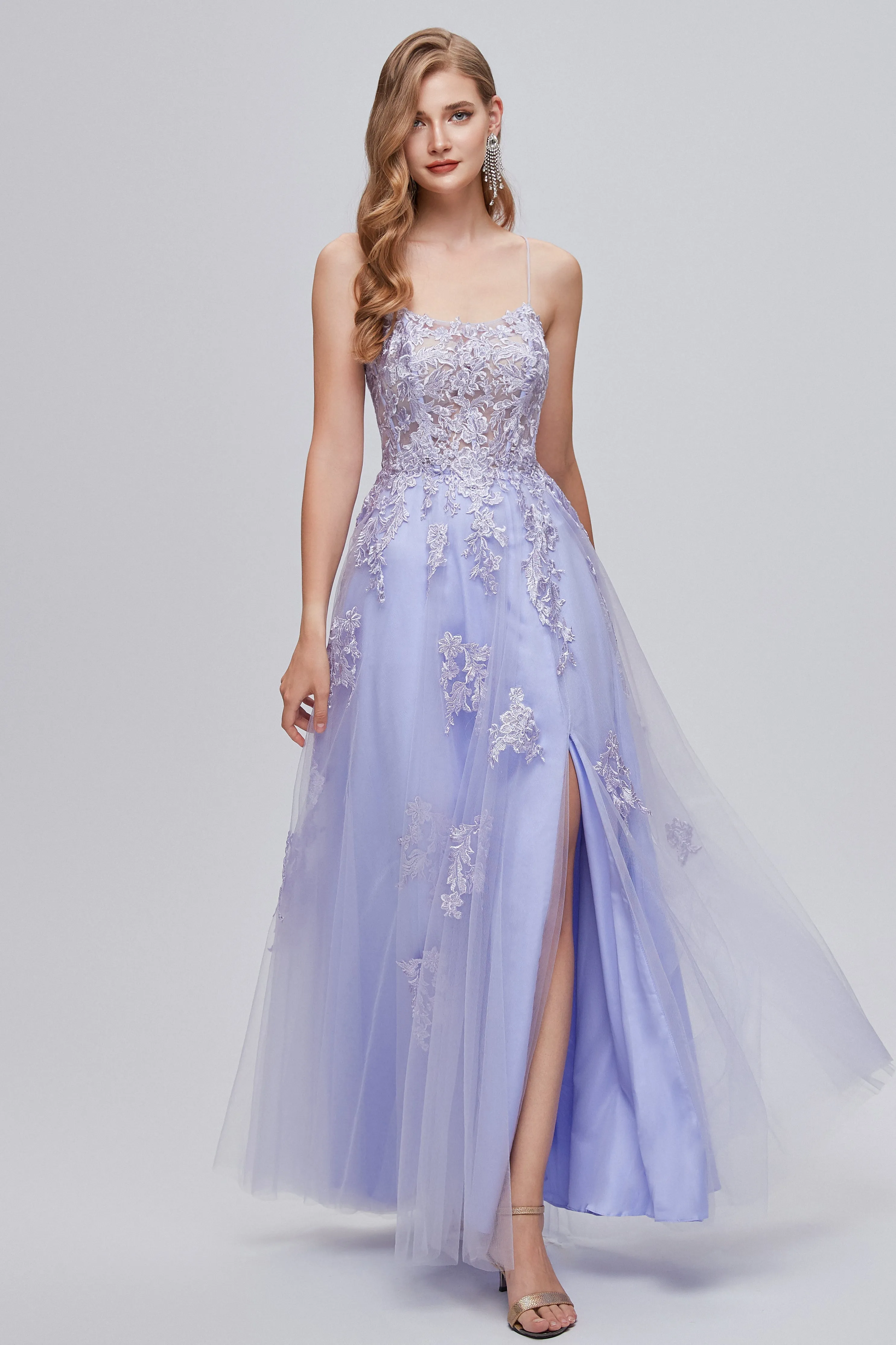 A-line High Split Spaghetti strap Applique Ankle Length Sleeveless Lace Prom Dresses