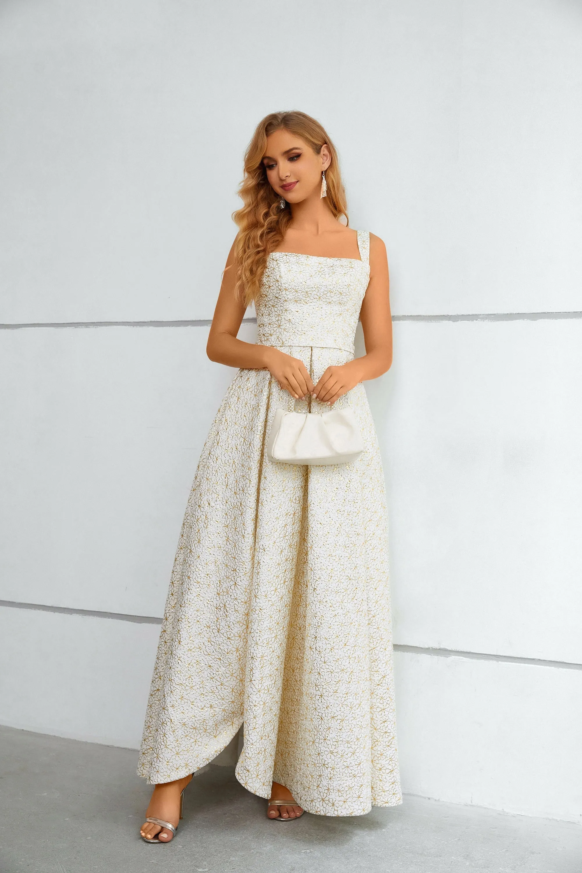 A-line High Split Square Lace Ankle Length Sleeveless Backless Prom Dress