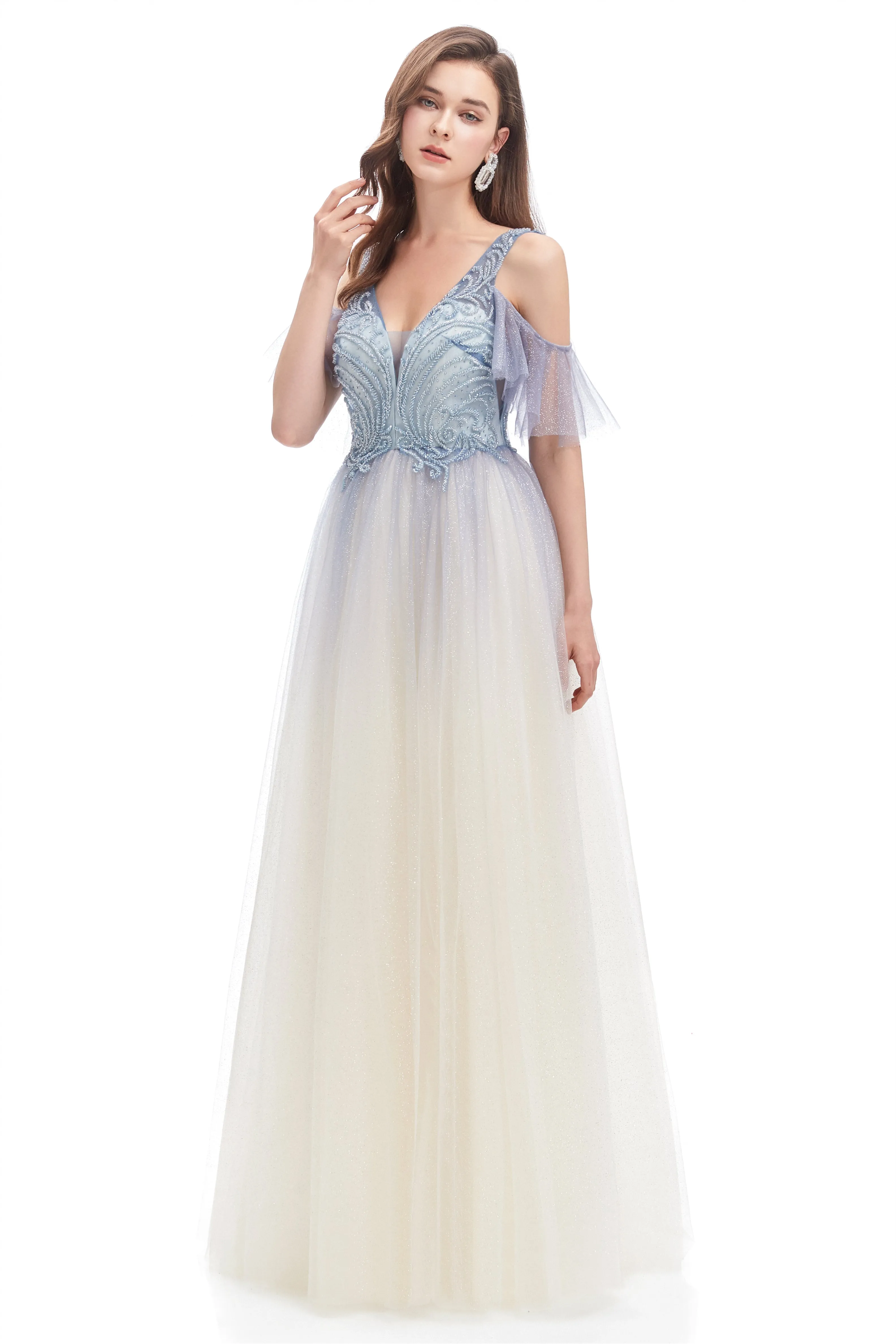 A-line V-neck Sequined Floor-length Off-the-shoulder Beaded Applique Open Back Prom Dress