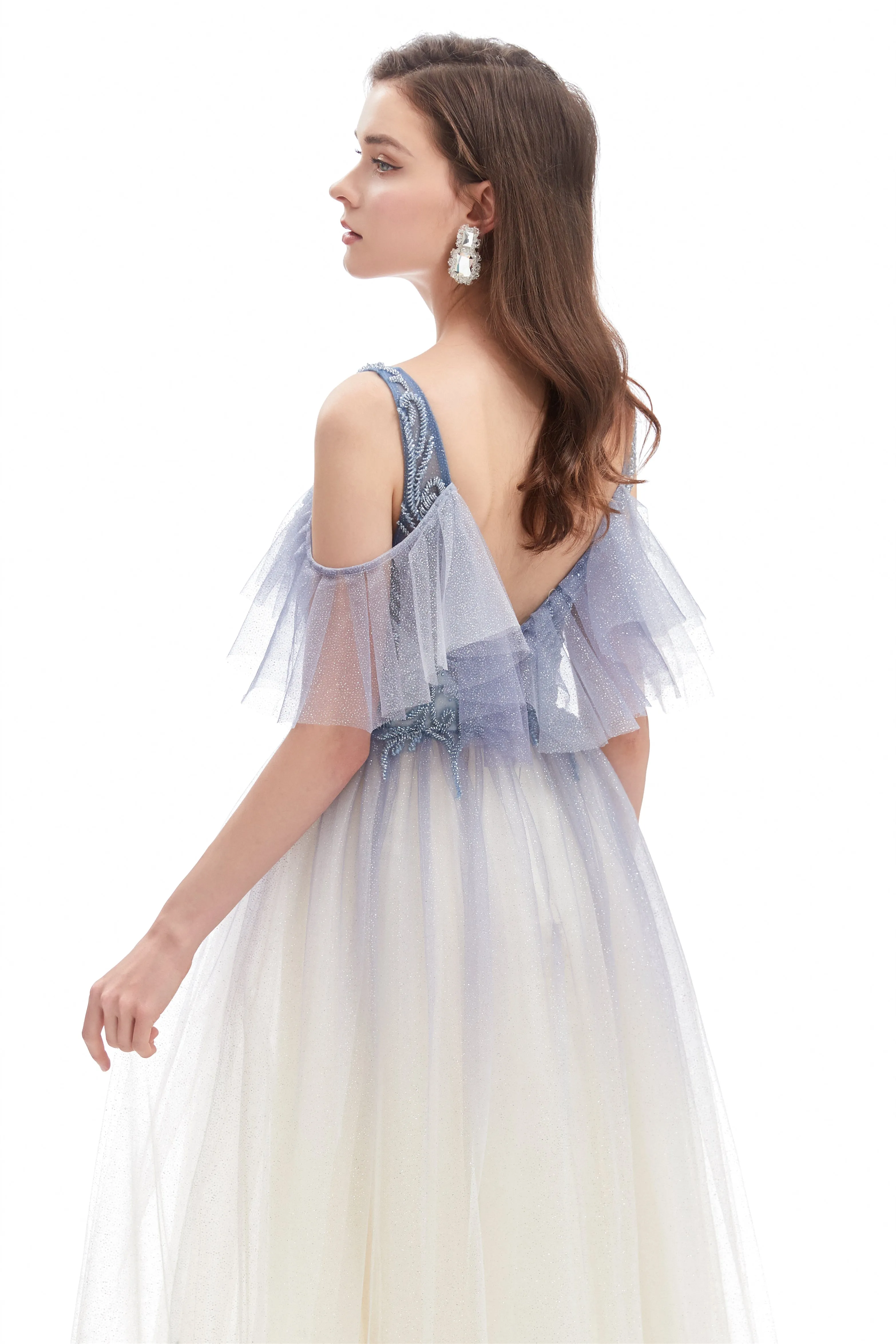 A-line V-neck Sequined Floor-length Off-the-shoulder Beaded Applique Open Back Prom Dress