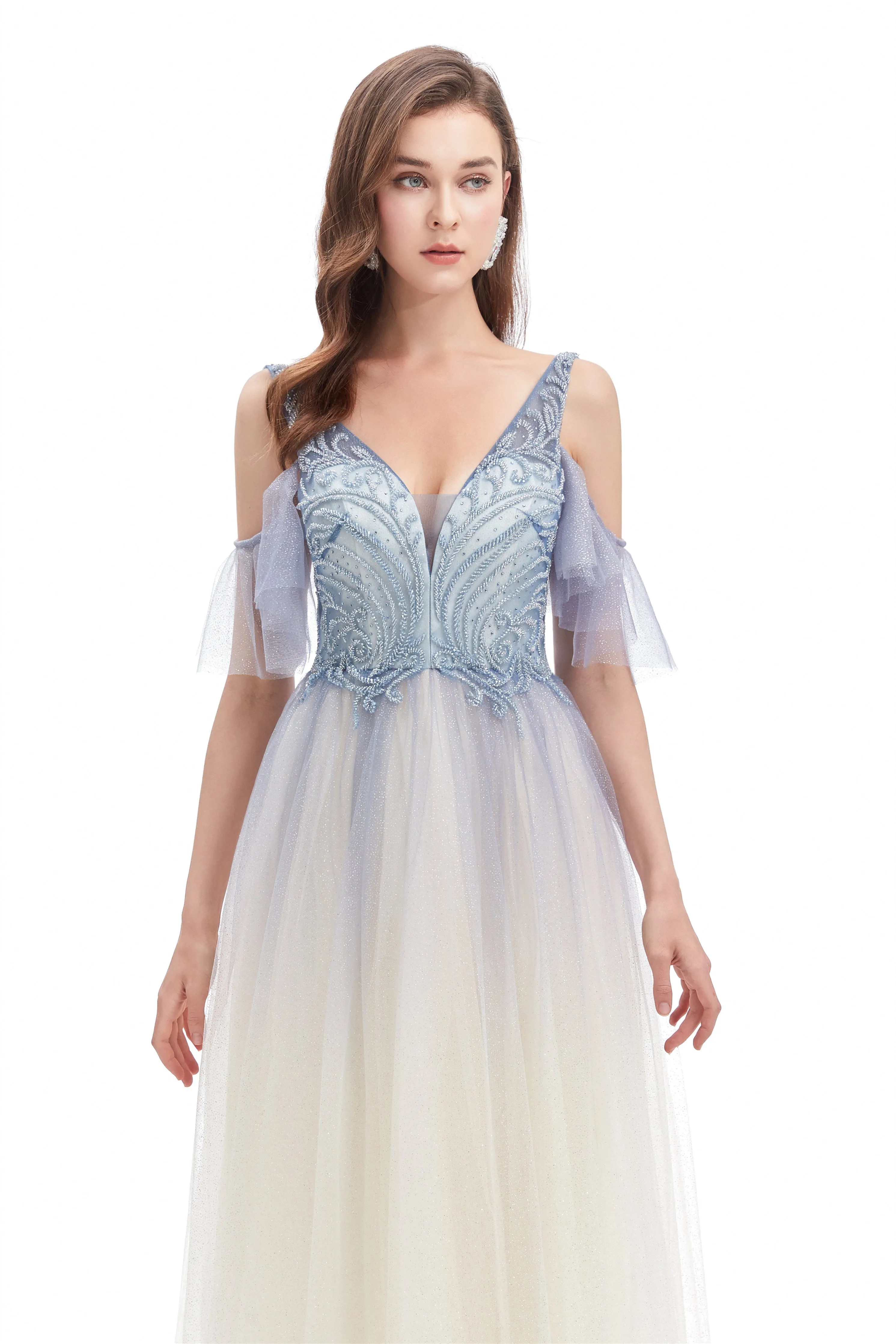 A-line V-neck Sequined Floor-length Off-the-shoulder Beaded Applique Open Back Prom Dress