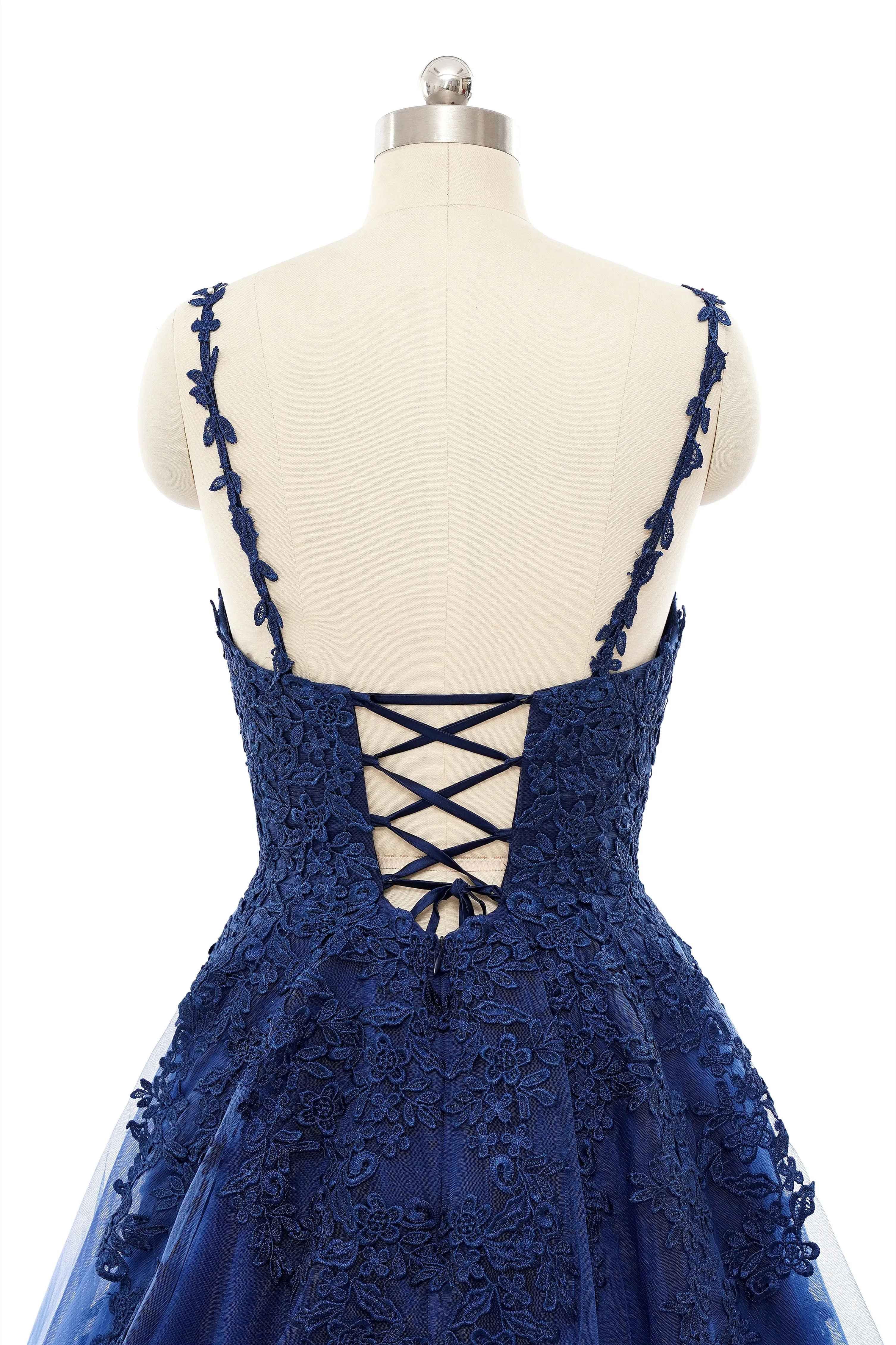 A-line V-neck Spaghetti strap Floor-length Sleeveless Backless Appliques Lace Elegant Prom Dress