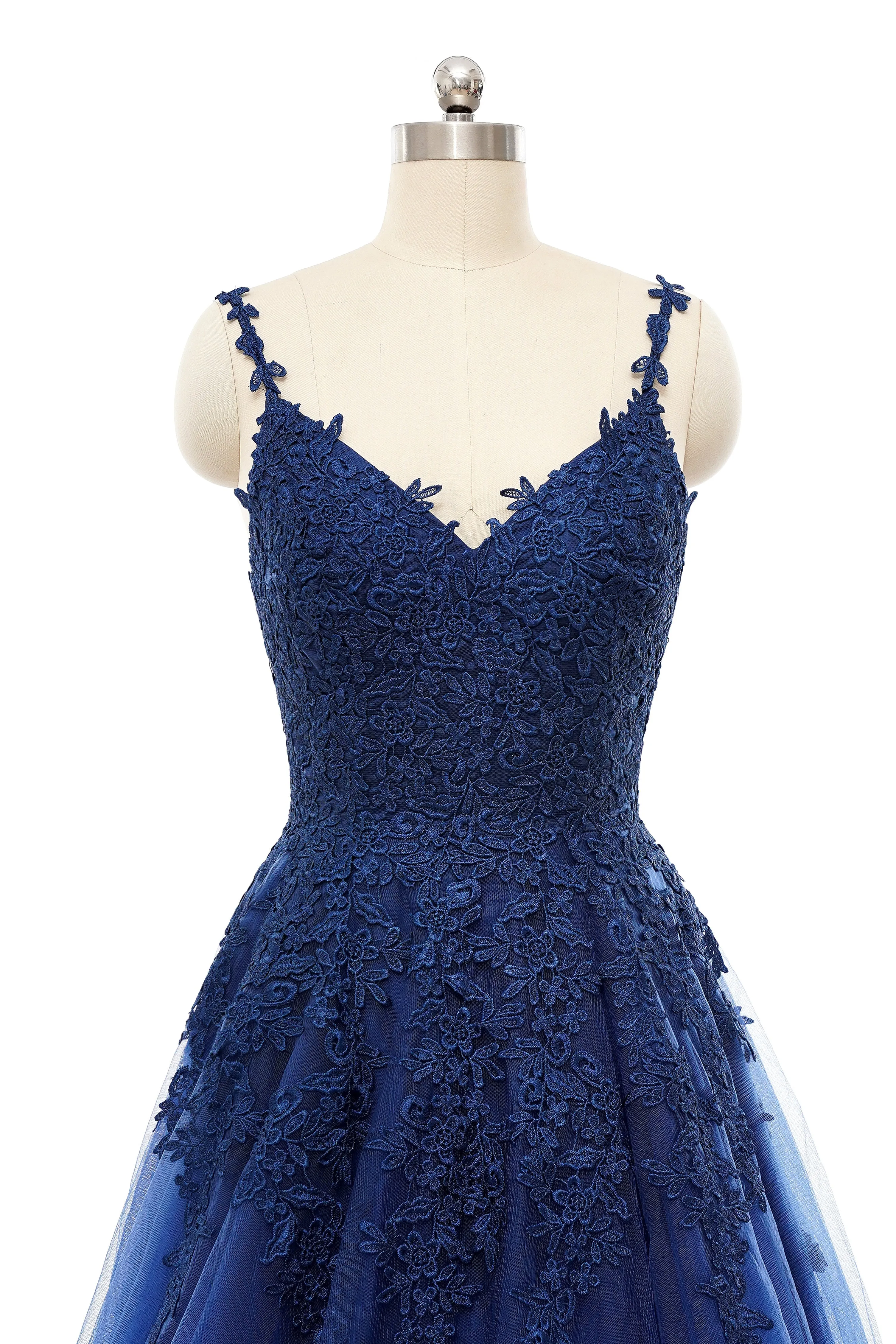 A-line V-neck Spaghetti strap Floor-length Sleeveless Backless Appliques Lace Elegant Prom Dress