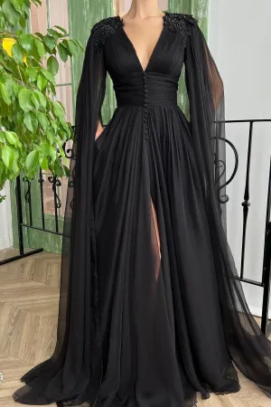 A-line V-neck Tulle Floor-length Long Sleeve Split Front Appliques Lace Vintage Prom Dress
