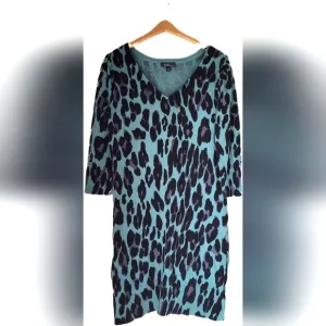 AGB Teal/Black Leopard Print V-Neck Cotton Sweater Midi Dress - Medium - EUC