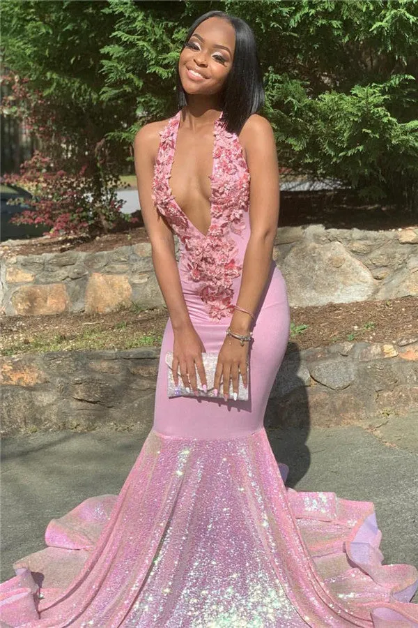 Alluring Halter Applique Glittering Sequins Prom Dresses Ruffles Open Back Chic Mermaid Sleeveless Evening Dresses
