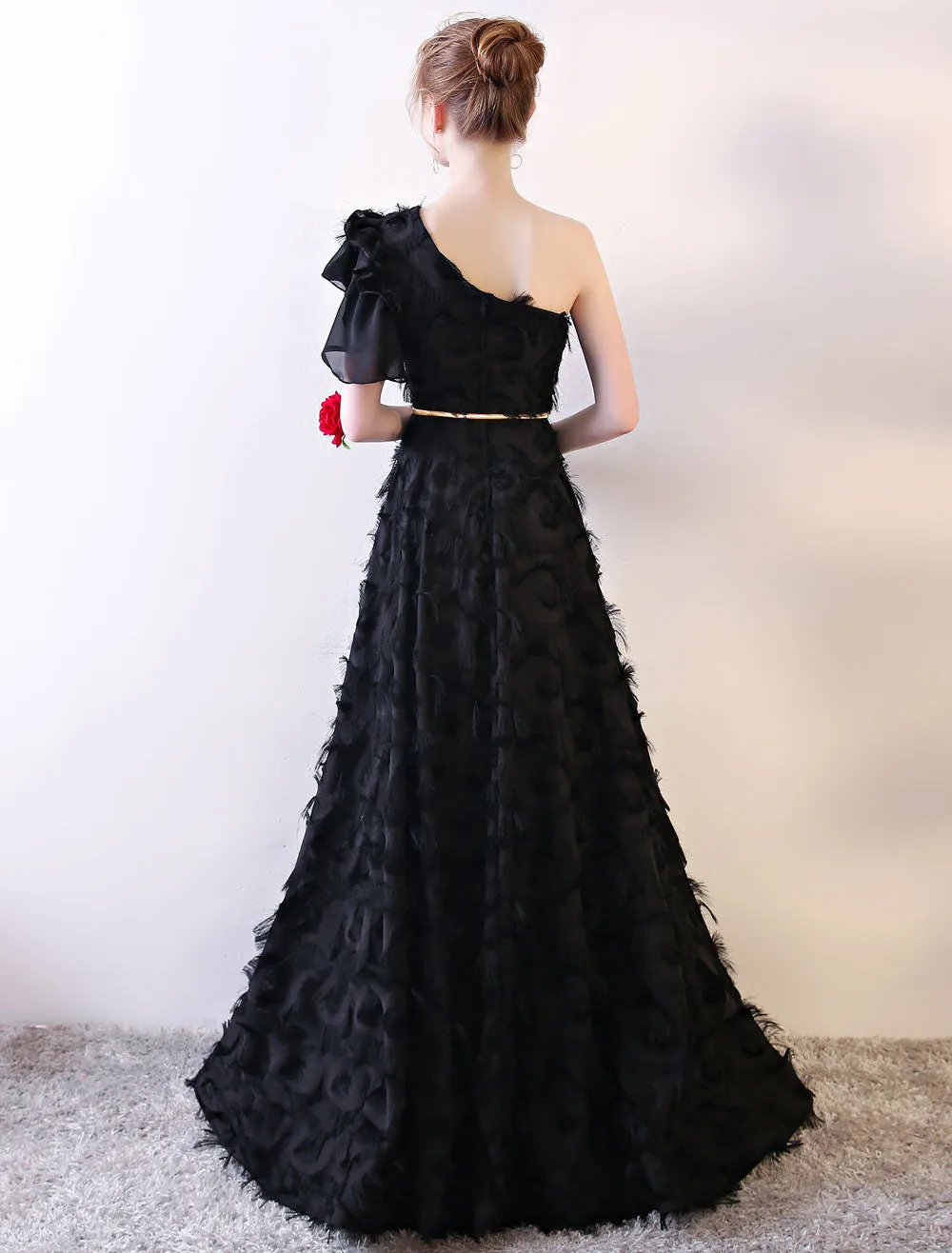 Amazing Black Evening Dress One Shoulder evening dress Long Lace Ruffles Floor Length Formal Dress With Sash