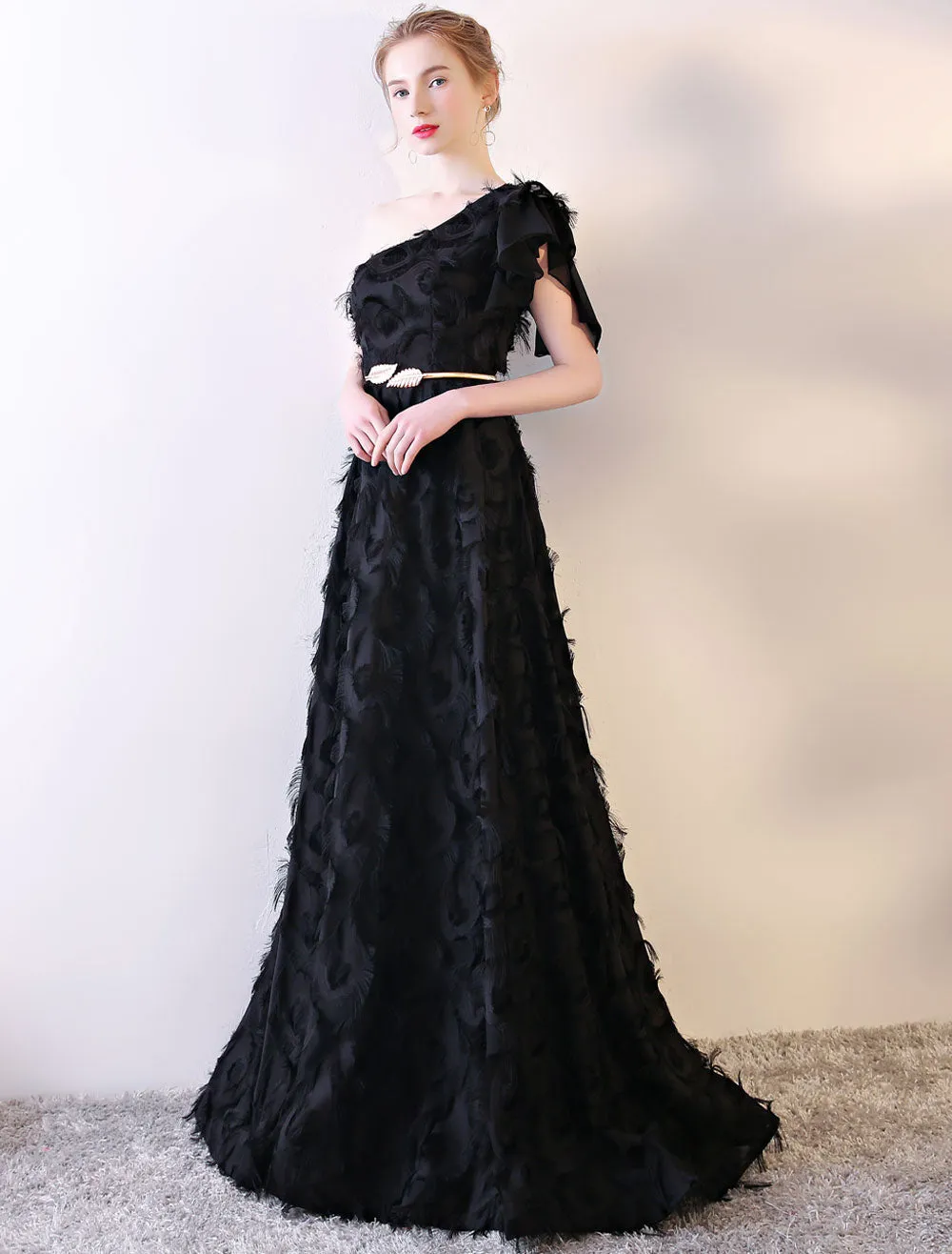 Amazing Black Evening Dress One Shoulder evening dress Long Lace Ruffles Floor Length Formal Dress With Sash