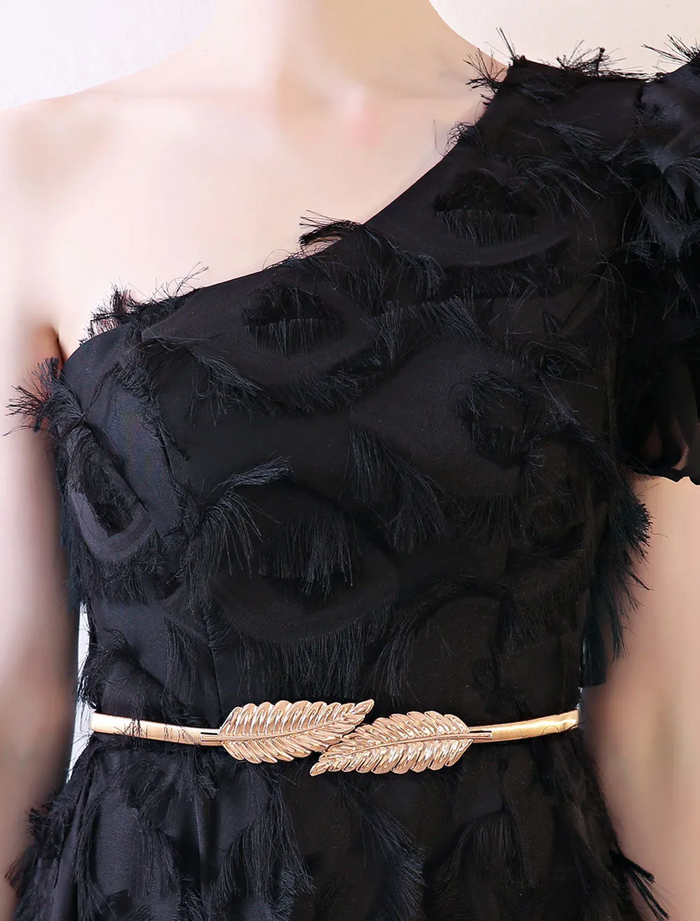 Amazing Black Evening Dress One Shoulder evening dress Long Lace Ruffles Floor Length Formal Dress With Sash