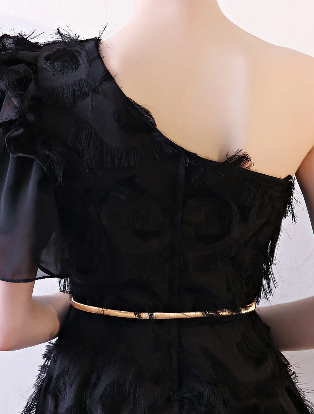 Amazing Black Evening Dress One Shoulder evening dress Long Lace Ruffles Floor Length Formal Dress With Sash
