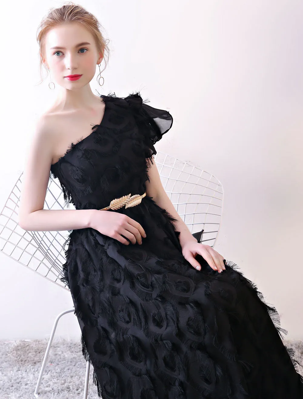 Amazing Black Evening Dress One Shoulder evening dress Long Lace Ruffles Floor Length Formal Dress With Sash