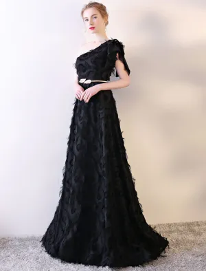 Amazing Black Evening Dress One Shoulder evening dress Long Lace Ruffles Floor Length Formal Dress With Sash