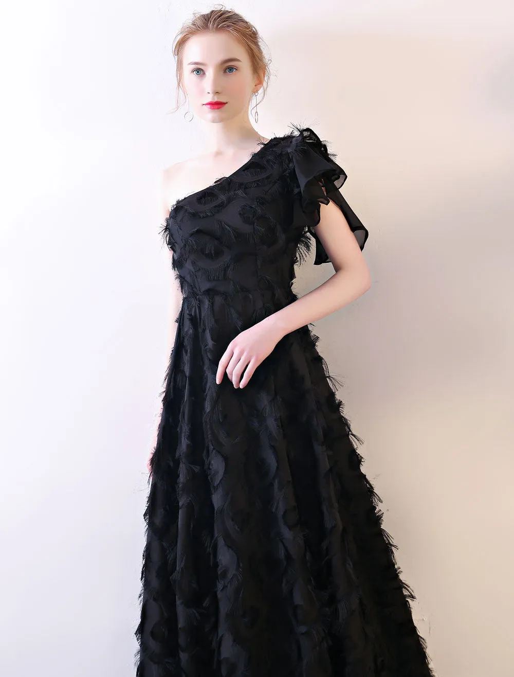 Amazing Black Evening Dress One Shoulder evening dress Long Lace Ruffles Floor Length Formal Dress With Sash