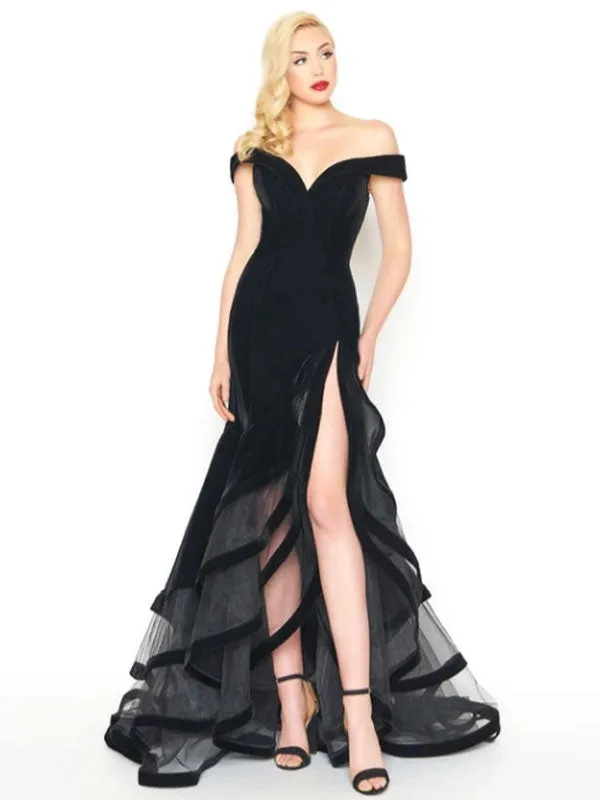 Amazing Evening Dress Mermaid Off-The-Shoulder Velour Ruffles Formal Split Party Dresses Gossip Gowns