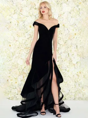 Amazing Evening Dress Mermaid Off-The-Shoulder Velour Ruffles Formal Split Party Dresses Gossip Gowns
