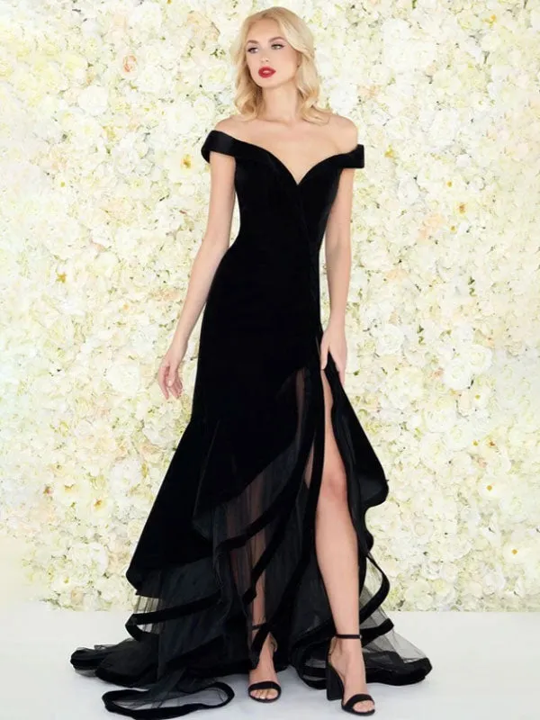 Amazing Evening Dress Mermaid Off-The-Shoulder Velour Ruffles Formal Split Party Dresses Gossip Gowns