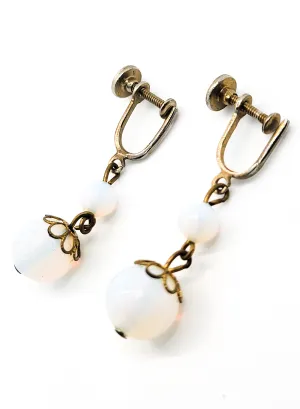 Antique Opalite beaded gold toned drop vintage screw back earrings