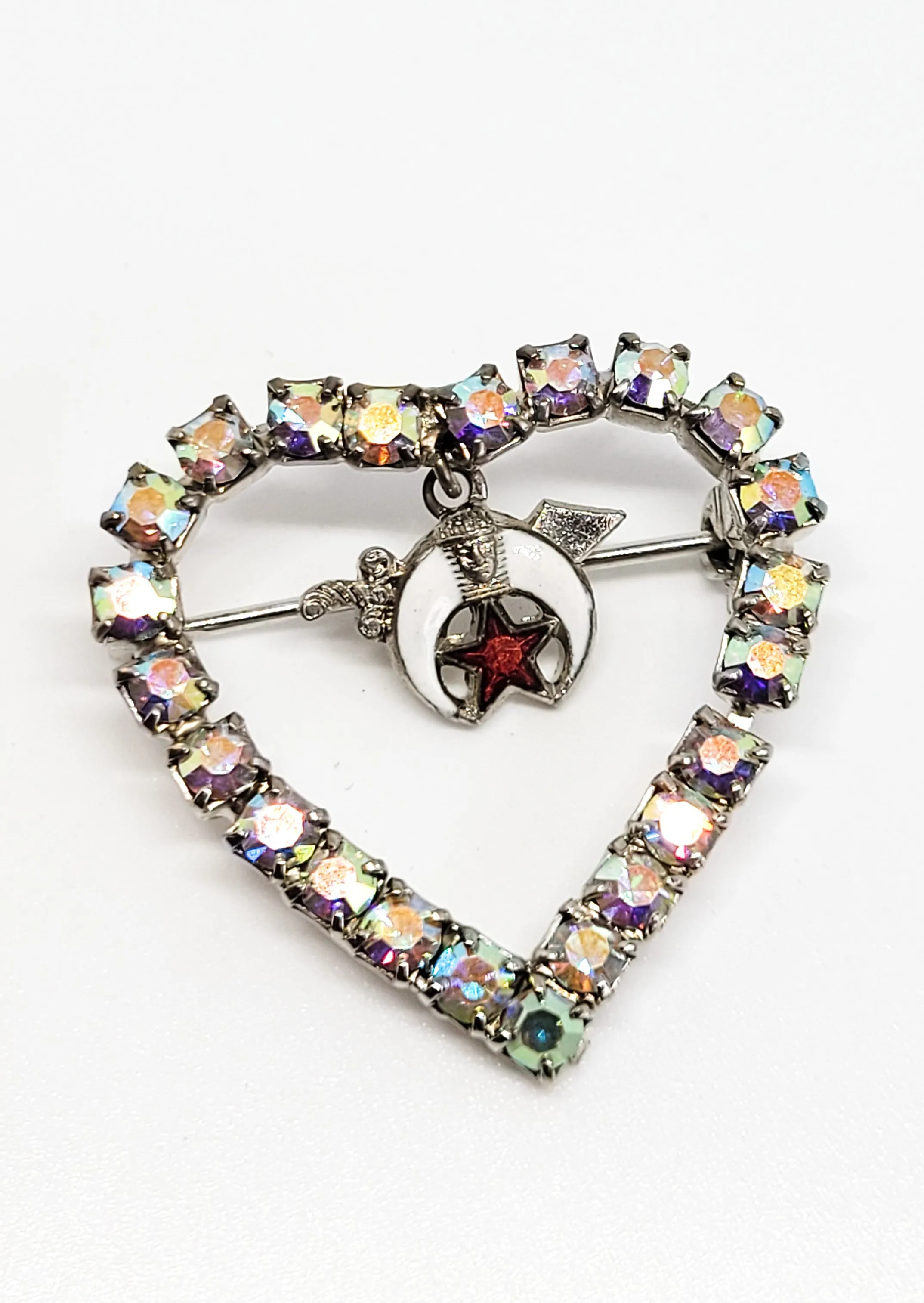 Aurora Borealis rainbow heart rhinestone Schriner's fraternity vintage brooch