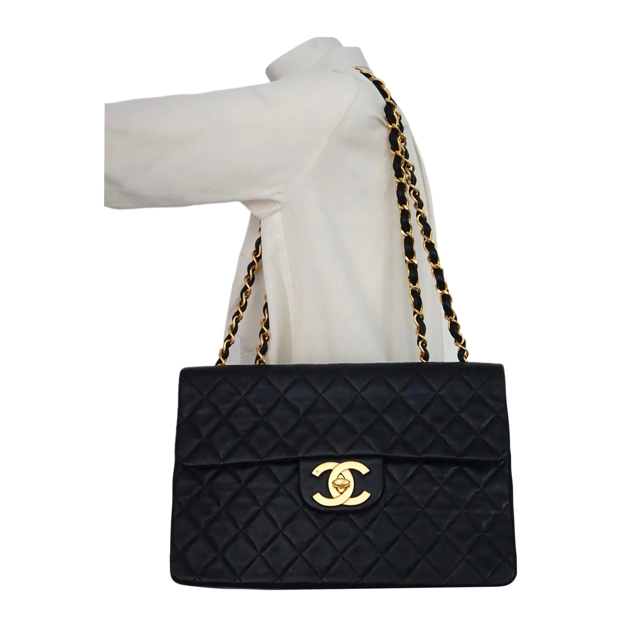 Authentic Chanel Black Lambskin Maxi Jumbo XL