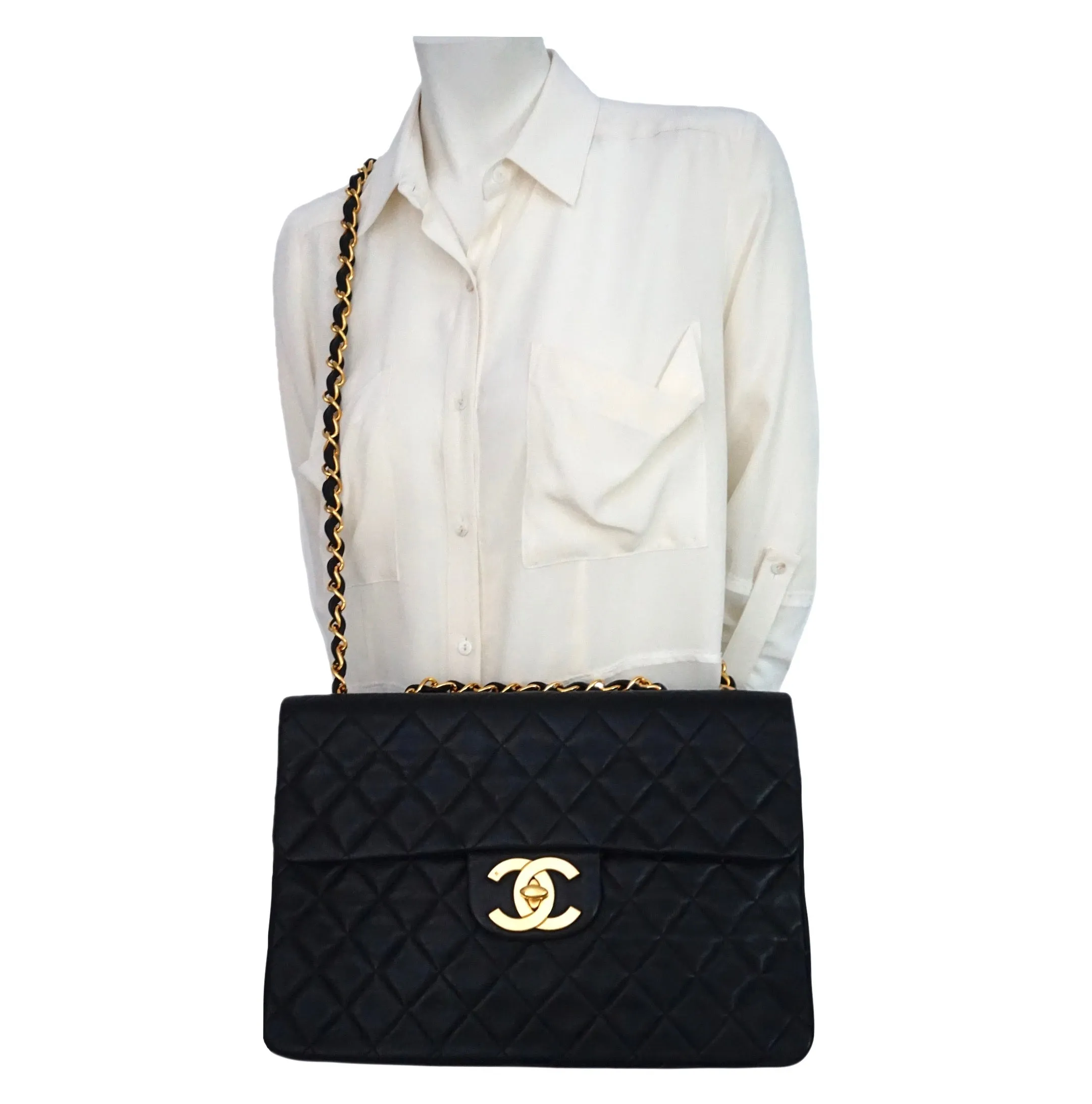 Authentic Chanel Black Lambskin Maxi Jumbo XL