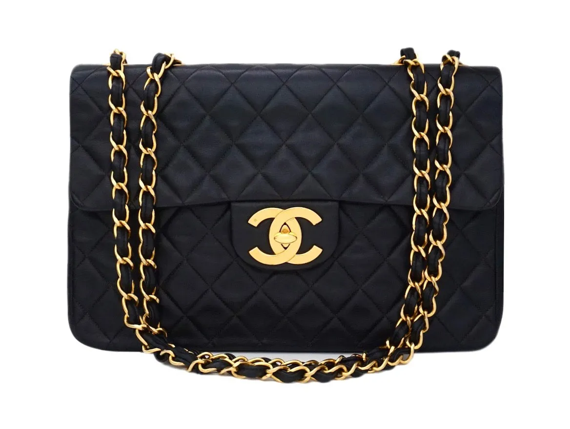 Authentic Chanel Black Lambskin Maxi Jumbo XL