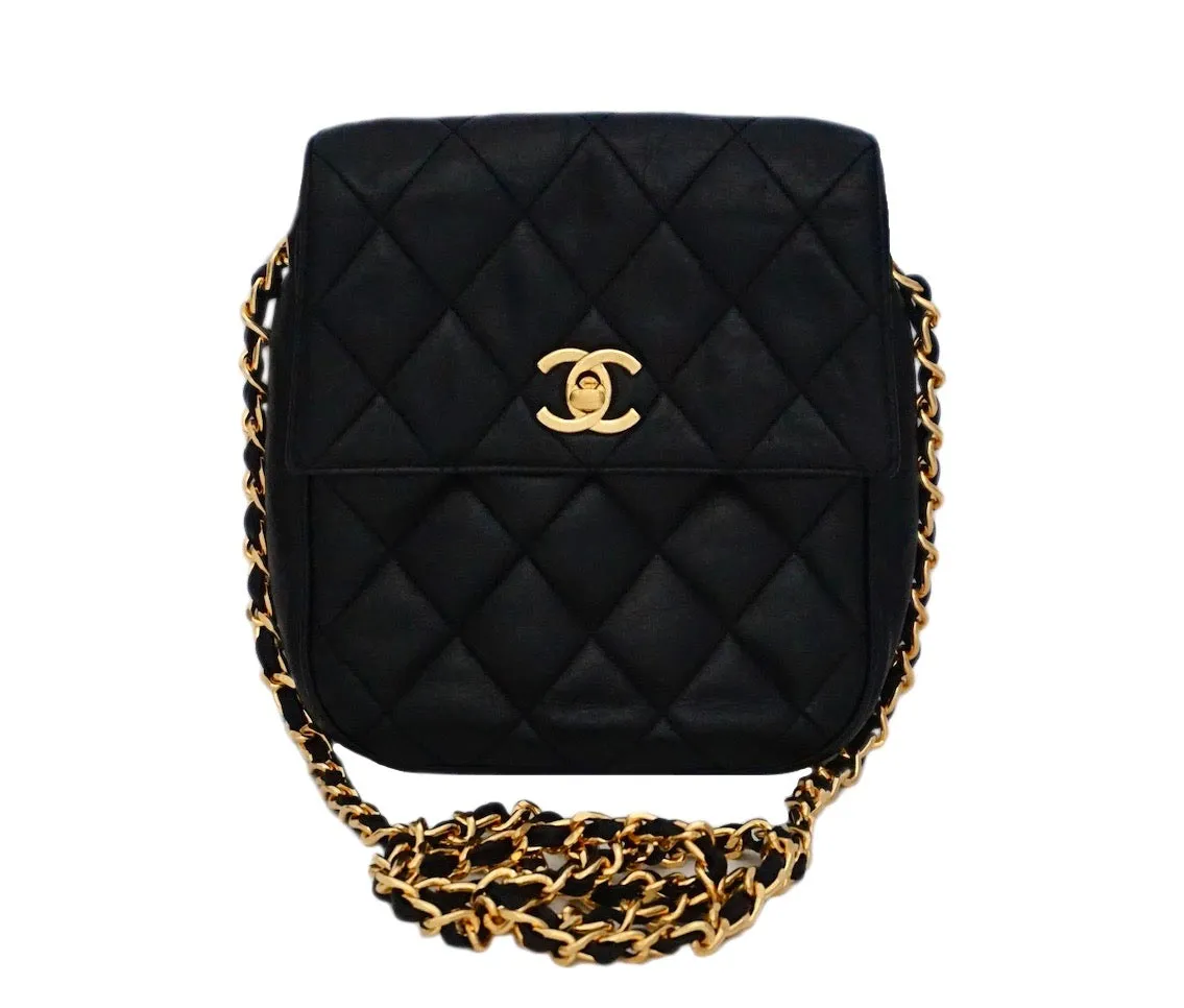Authentic Chanel Vintage Black Lambskin Mini Flapover