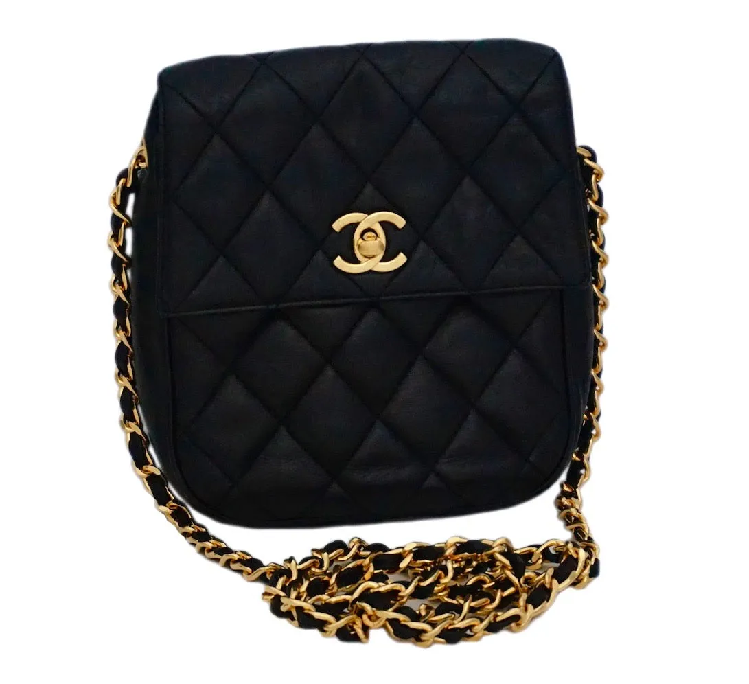 Authentic Chanel Vintage Black Lambskin Mini Flapover