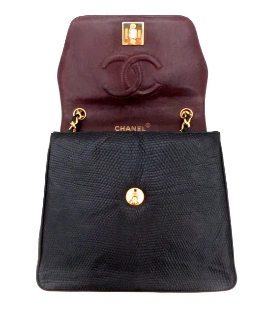 Authentic Chanel Vintage Black Lizard Flapover