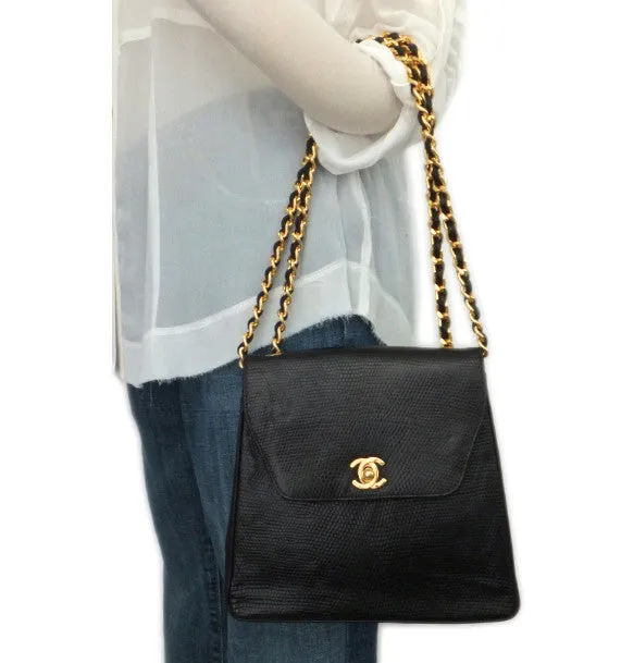 Authentic Chanel Vintage Black Lizard Flapover