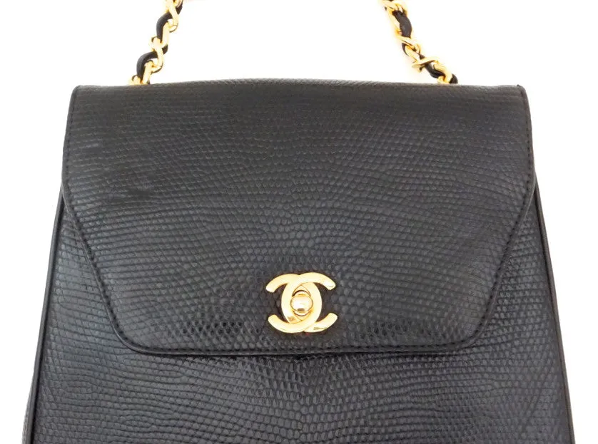 Authentic Chanel Vintage Black Lizard Flapover