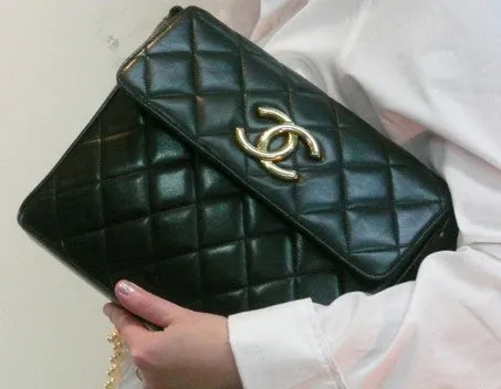 Authentic Chanel Vintage Black Quilted Lambskin Flapover