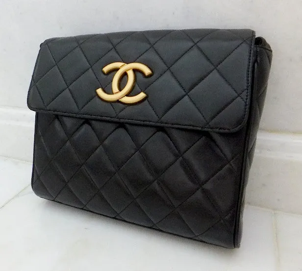 Authentic Chanel Vintage Black Quilted Lambskin Flapover