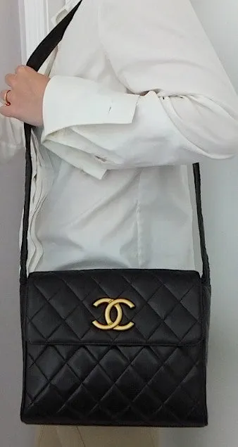 Authentic Chanel Vintage Black Quilted Lambskin Flapover
