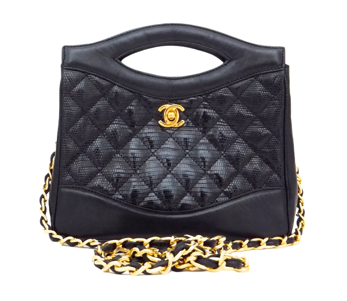 Authentic Chanel Vintage Black Rare Lizard Quilted Handbag