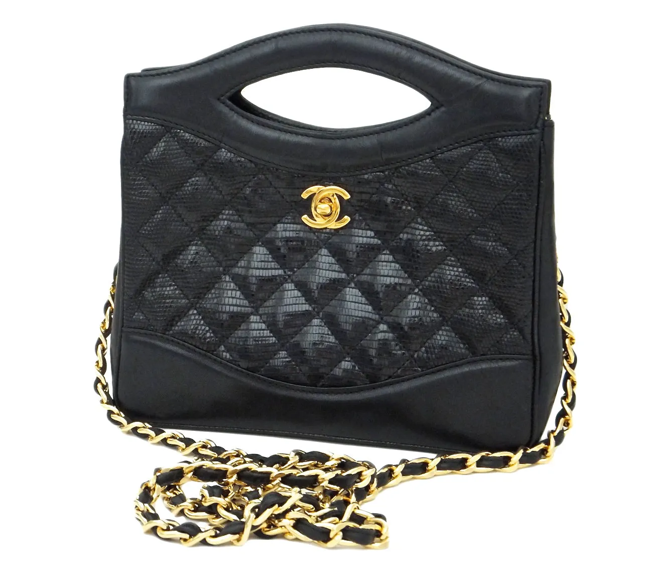 Authentic Chanel Vintage Black Rare Lizard Quilted Handbag