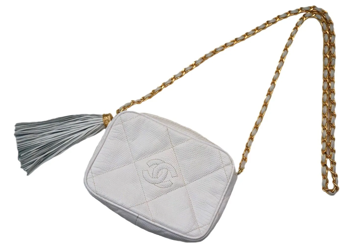Authentic Chanel Vintage White Lizard Quilted Camera Style Handbag