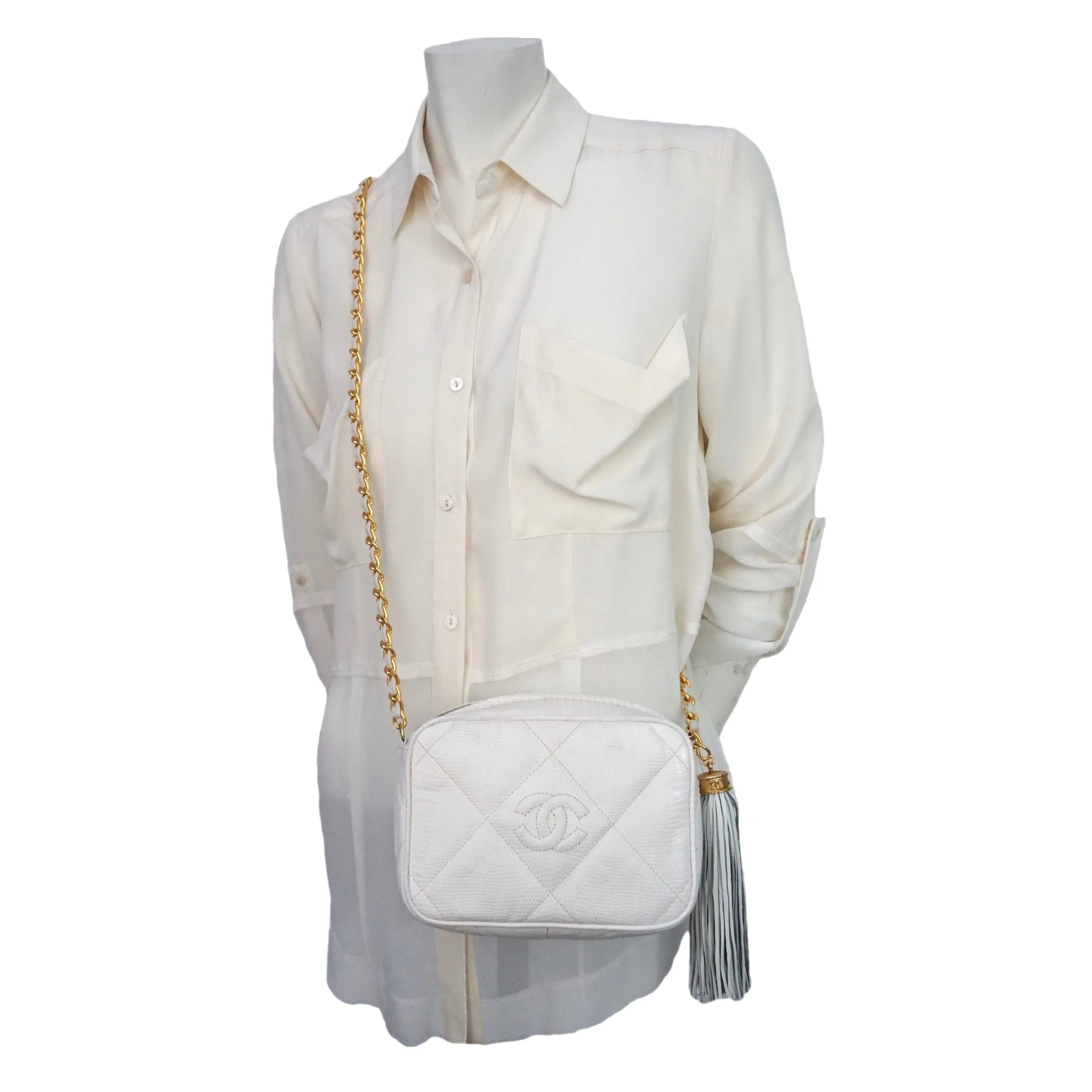 Authentic Chanel Vintage White Lizard Quilted Camera Style Handbag