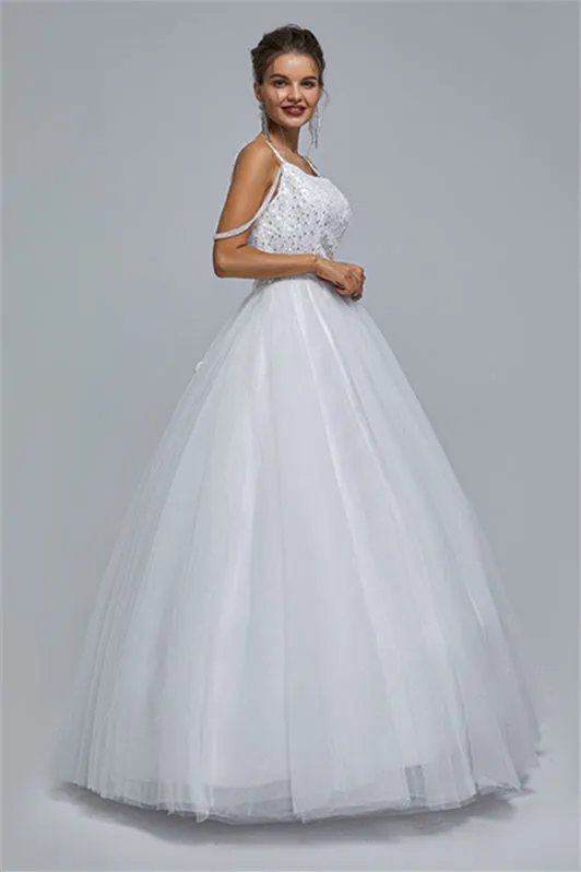 Ball Gown Spaghetti strap Square Neckline Beading Tulle Ankle Length Open Back Beautiful Prom Dress