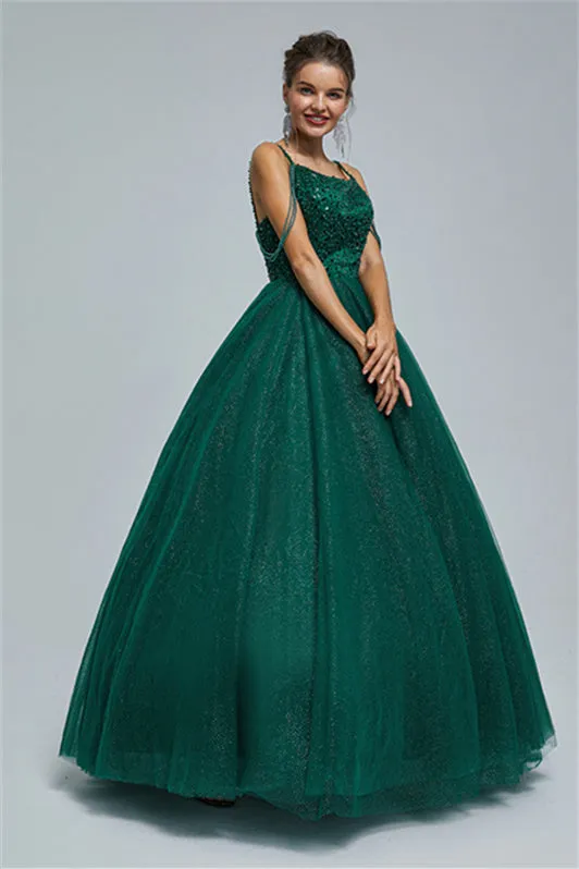 Ball Gown Spaghetti strap Square Neckline Beading Tulle Ankle Length Open Back Beautiful Prom Dress