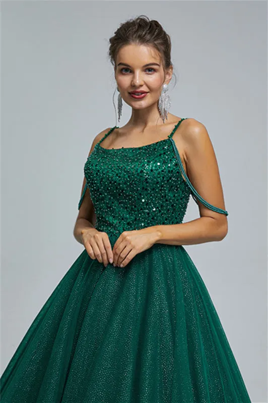 Ball Gown Spaghetti strap Square Neckline Beading Tulle Ankle Length Open Back Beautiful Prom Dress