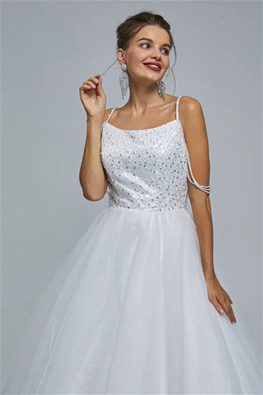 Ball Gown Spaghetti strap Square Neckline Beading Tulle Ankle Length Open Back Beautiful Prom Dress