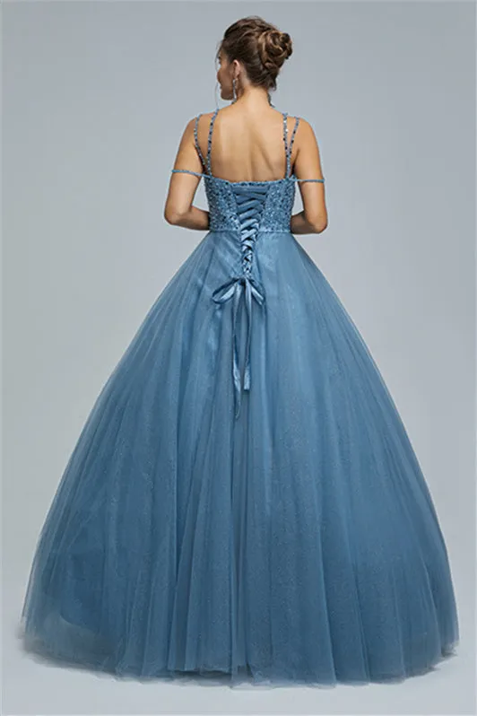 Ball Gown Spaghetti strap Square Neckline Beading Tulle Ankle Length Open Back Beautiful Prom Dress