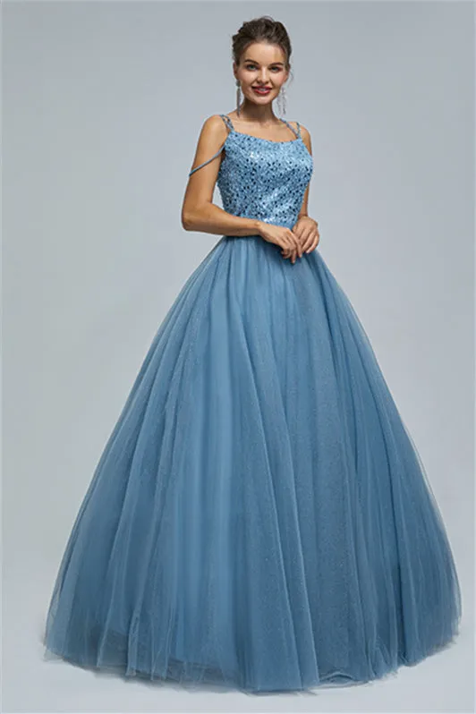 Ball Gown Spaghetti strap Square Neckline Beading Tulle Ankle Length Open Back Beautiful Prom Dress