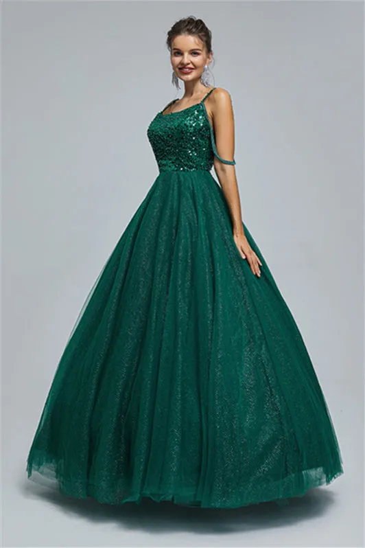 Ball Gown Spaghetti strap Square Neckline Beading Tulle Ankle Length Open Back Beautiful Prom Dress