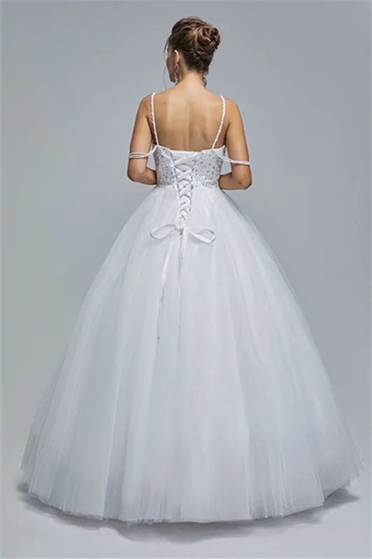 Ball Gown Spaghetti strap Square Neckline Beading Tulle Ankle Length Open Back Beautiful Prom Dress