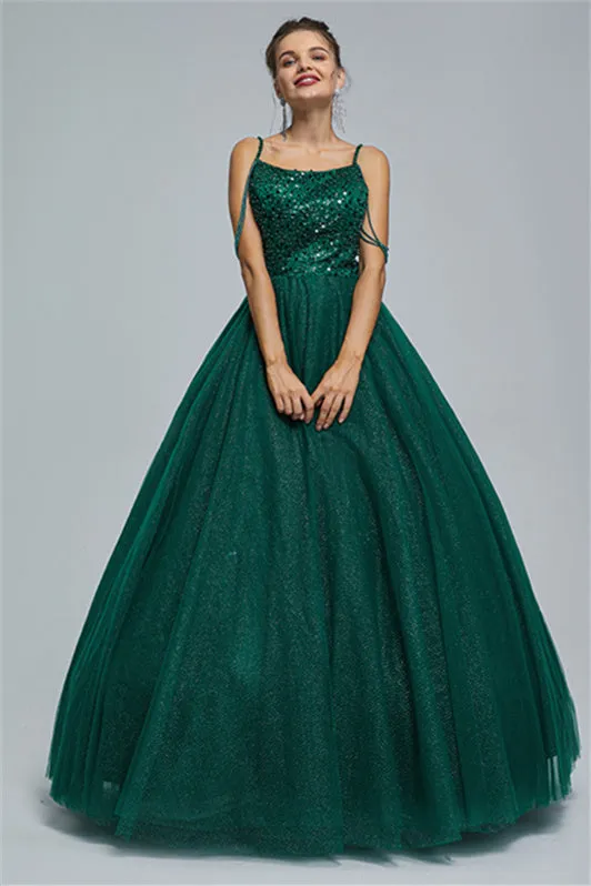 Ball Gown Spaghetti strap Square Neckline Beading Tulle Ankle Length Open Back Beautiful Prom Dress