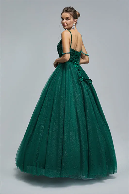 Ball Gown Spaghetti strap Square Neckline Beading Tulle Ankle Length Open Back Beautiful Prom Dress