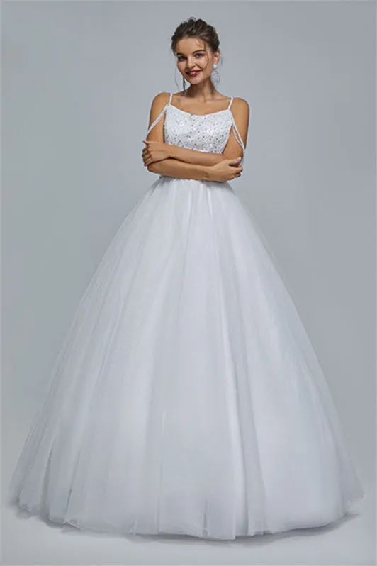 Ball Gown Spaghetti strap Square Neckline Beading Tulle Ankle Length Open Back Beautiful Prom Dress