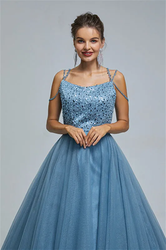 Ball Gown Spaghetti strap Square Neckline Beading Tulle Ankle Length Open Back Beautiful Prom Dress