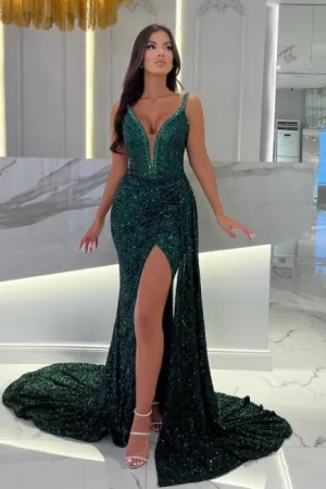 Ballbella Long Dark Green Straps Sweetheart Column Slit Front Evening Dress with Sequins